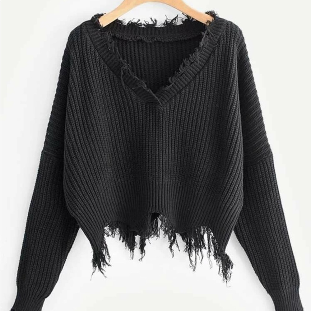 Boho Ripped frayed distressed v neck sweater TAN - Picture 5 of 10